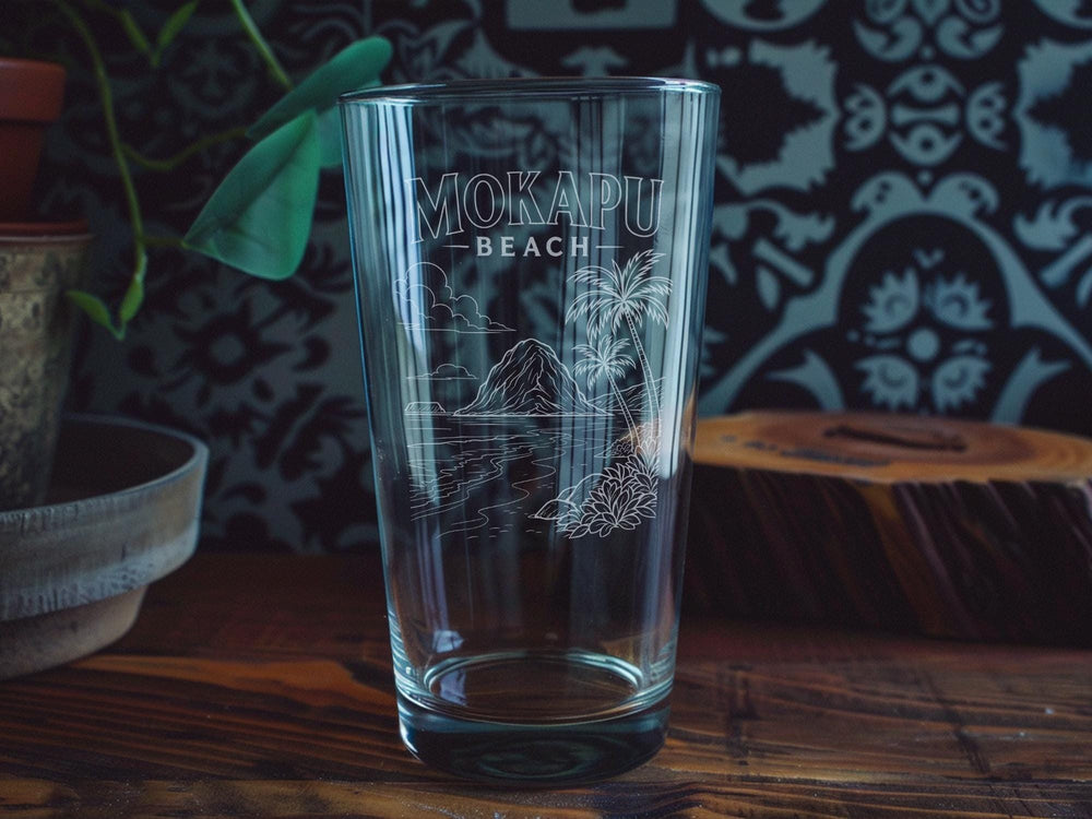 Mokapu Beach Pint Glass, Hawaii Coastal Shoreline Souvenir Beer Glass, Tropical Island Beach Scene Drinkware