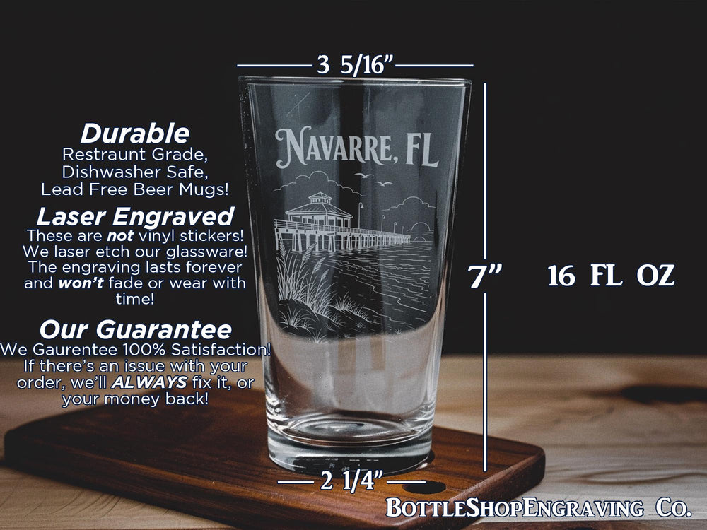 Navarre Florida Pint Glass, Navarre FL Souvenir Beer Glass, Coastal Gulf Beach Town Gift, Vacation Keepsake Drinkware