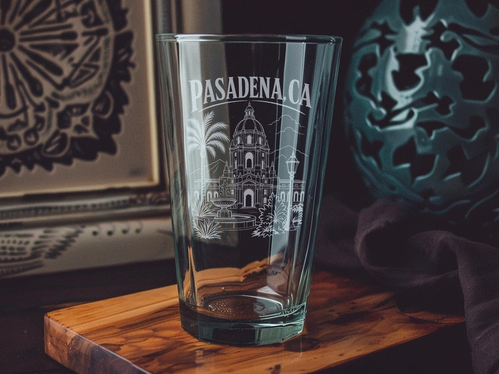 Pasadena CA Pint Glass, Pasadena California Souvenir Beer Glass, Pasadena City Landmark Travel Gift, LA County Drinkware