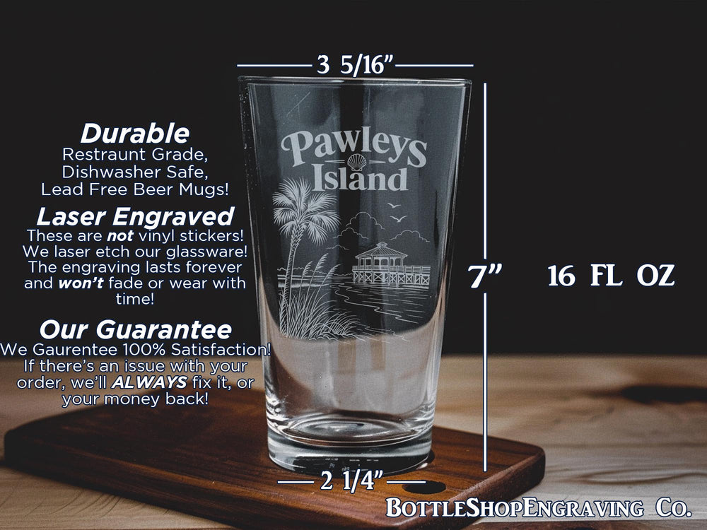Pawleys Island Pint Glass, South Carolina Beach Town Souvenir Glass, Coastal Vacation Drinkware, Pawleys Island SC Gift