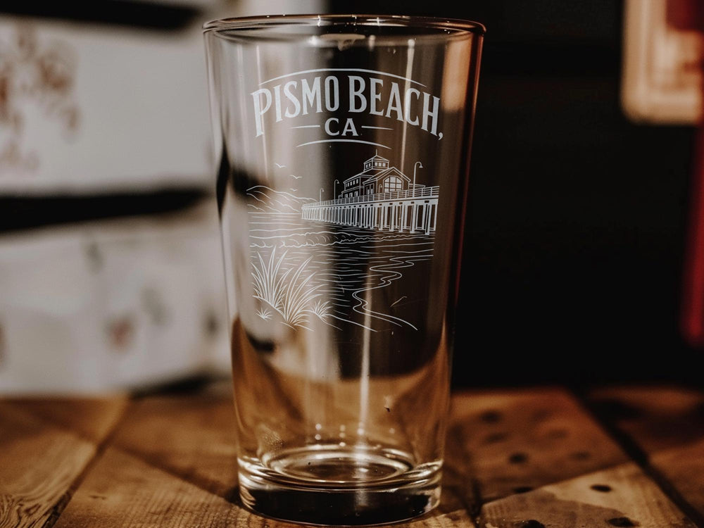 Pismo Beach CA Pint Glass, California Beach Souvenir Drinking Glass, Pismo Beach Vacation Gift, Coastal Barware Glassware