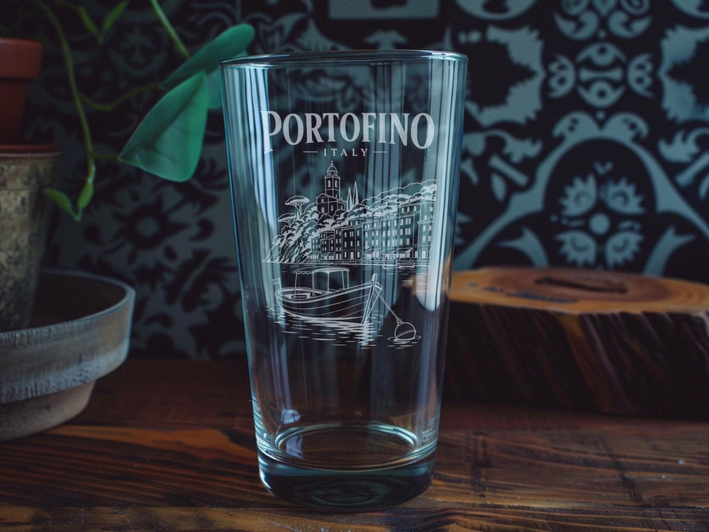 Portofino Italy Pint Glass, Portofino Harbor Coastal Village Travel Souvenir Drinkware, Italian Riviera Bar Glass