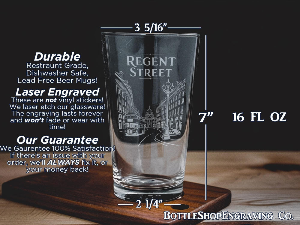 Regent Street Pint Glass, London Shopping Street Scene Drinkware, UK City Landmark Bar Glass, British Travel Souvenir Gift