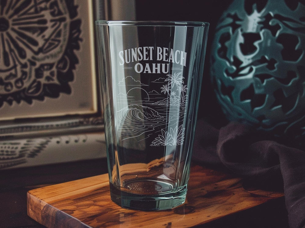 Oahu Sunset Beach Pint Glass, Hawaii Island Beach Scene Drinkware, Tropical Ocean Waves Souvenir Glass, Coastal Bar Glass