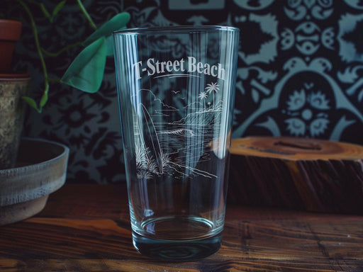 T-Street Beach Pint Glass, San Clemente California Surf Spot Drinkware, Coastal Beach Scene Bar Glass, Gift for Surfers