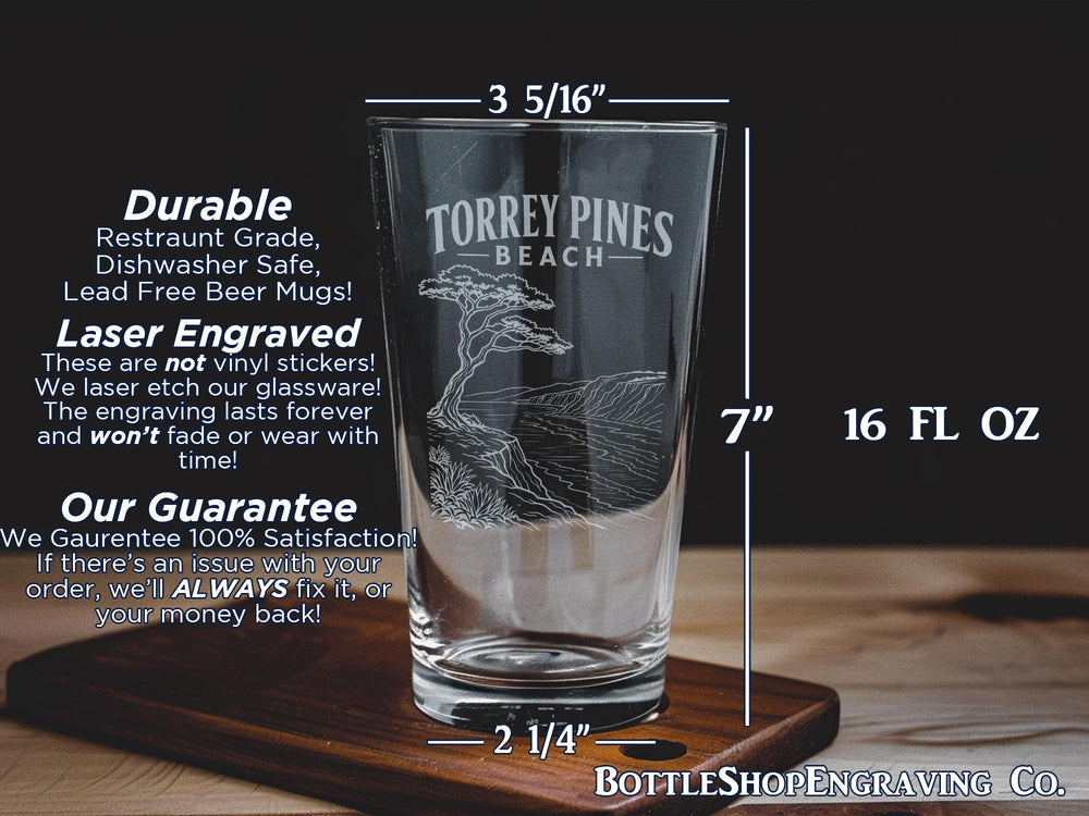 Torrey Pines Beach Pint Glass, San Diego California Coastal Souvenir Beer Glass, Ocean Shoreline Gift for Beach Lovers