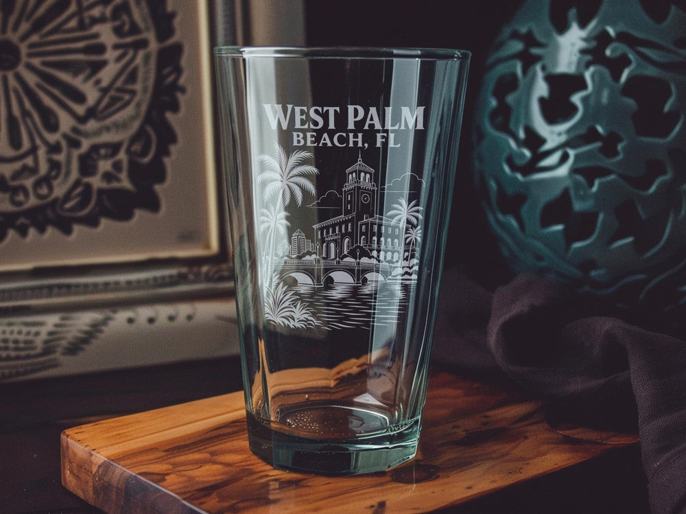West Palm Beach FL Pint Glass, Florida Souvenir Drinkware, West Palm Beach Vacation Gift, Coastal City Keepsake Glass