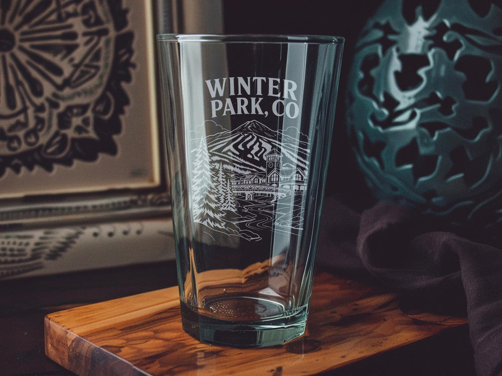 Winter Park Colorado Pint Glass, Winter Park CO Souvenir Beer Glass, Rocky Mountain Ski Town Drinkware Gift