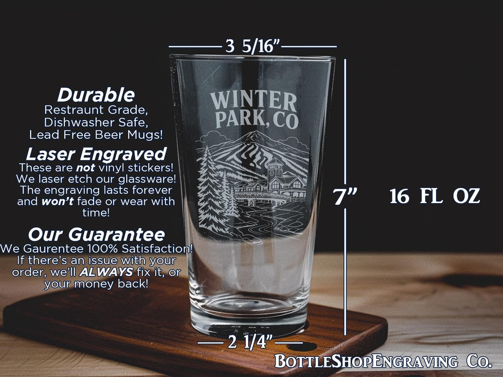 Winter Park Colorado Pint Glass, Winter Park CO Souvenir Beer Glass, Rocky Mountain Ski Town Drinkware Gift
