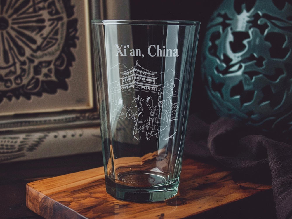Xian China Pint Glass, Xi'an City Skyline Souvenir Beer Glass, Terracotta Warriors Travel Gift, Shaanxi China Landmark Glass