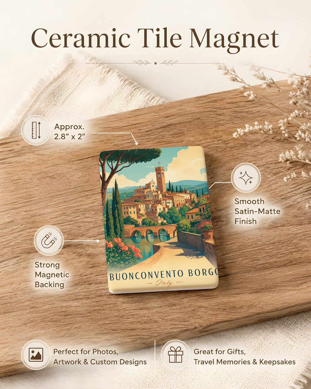 Buonconvento Borgo Fridge Magnet, Tuscany Italy Village Souvenir Magnet, Italian Travel Keepsake Magnet