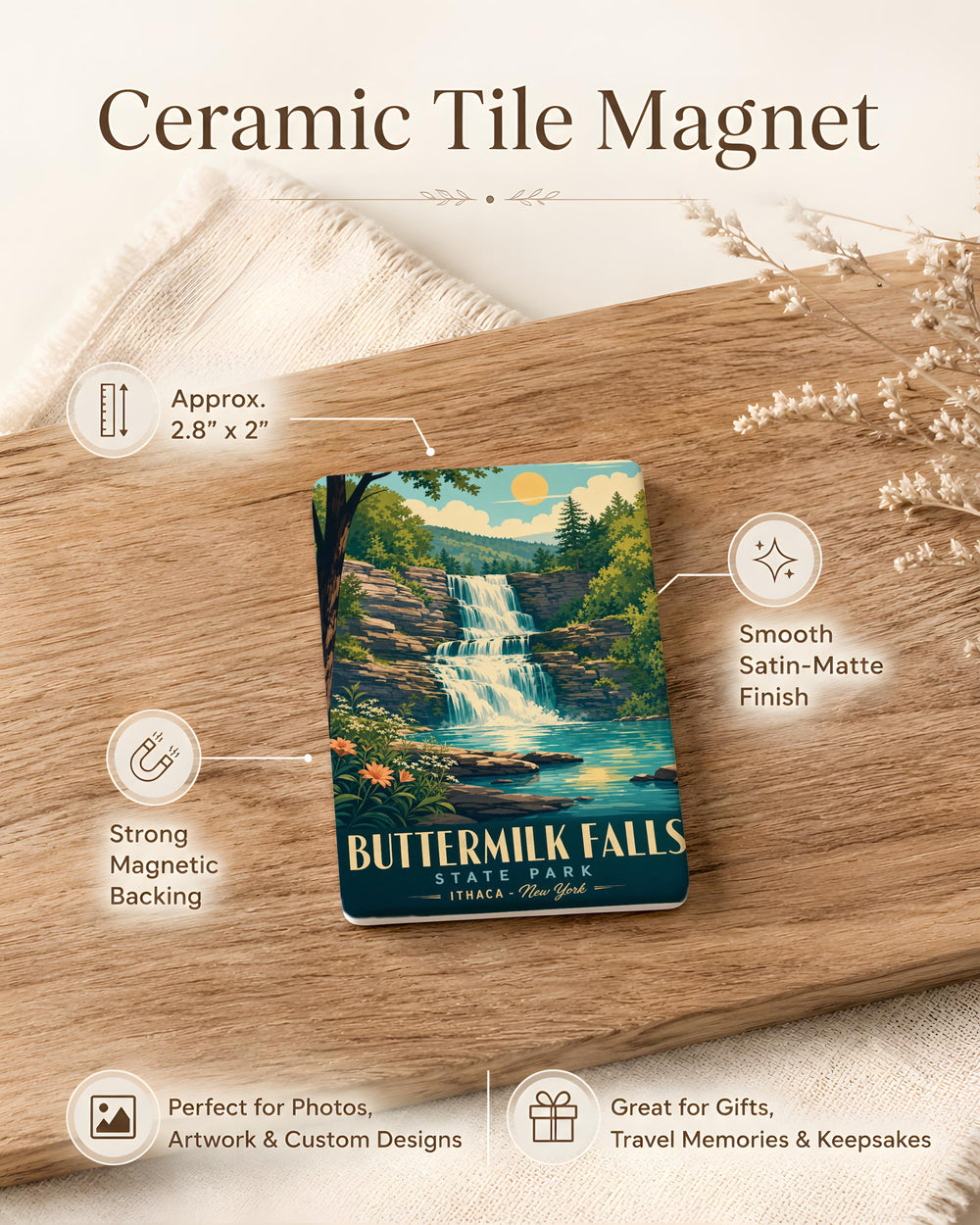 Buttermilk Falls State Park Fridge Magnet, Ithaca New York Waterfall Souvenir, Finger Lakes Travel Keepsake Magnet