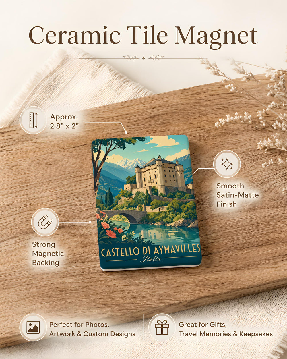 Castello di Aymavilles Fridge Magnet, Aymavilles Castle Souvenir Magnet, Valle d’Aosta Italy Travel Landmark Magnet