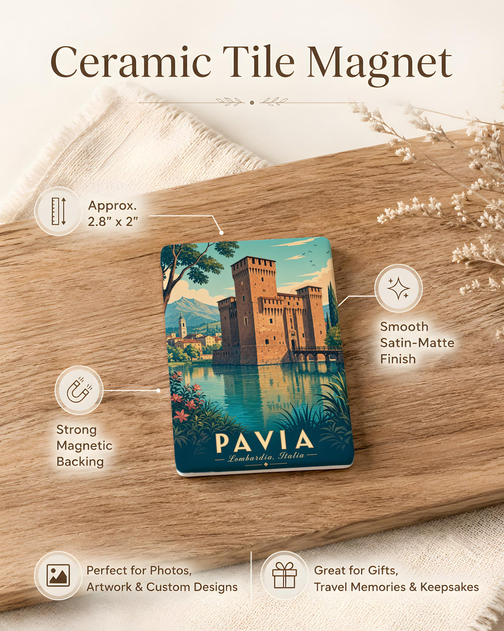 Castello Visconteo Fridge Magnet, Italian Castle Landmark Souvenir Magnet, Pavia Italy Travel Keepsake Magnet