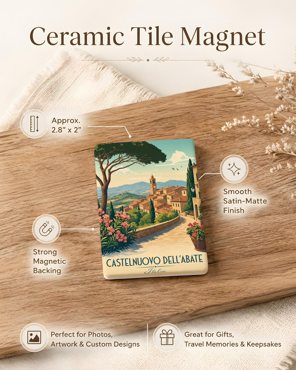Castelnuovo dell’Abate Fridge Magnet, Tuscany Italy Village Souvenir Magnet, Italian Travel Landmark Refrigerator Magnet