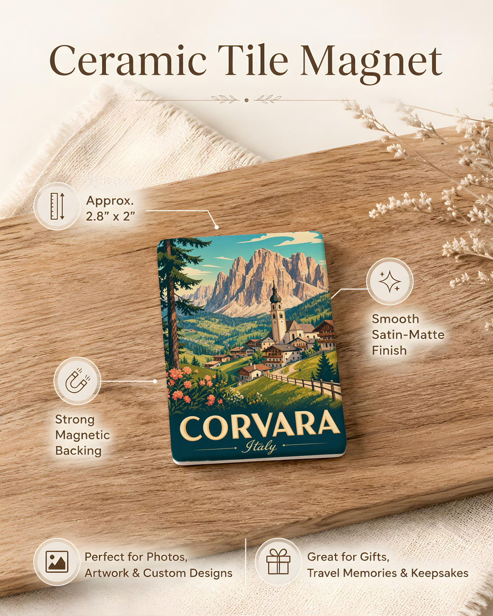 Corvara Italy Fridge Magnet, Dolomites Mountain Village Souvenir, South Tyrol Travel Gift, Alpine Landmark Keepsake