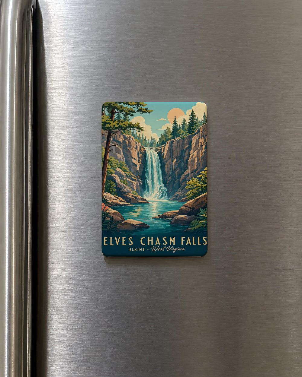 Elves Chasm Falls Fridge Magnet, Fantasy Waterfall Canyon Scene, Enchanted Cliffside Falls Souvenir Magnet