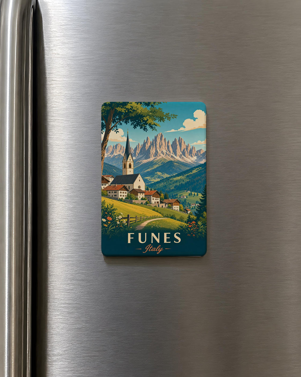 Funes Italy Fridge Magnet, Dolomites Village Landscape Souvenir Magnet, South Tyrol Travel Gift, Italian Alps Keepsake Magnet