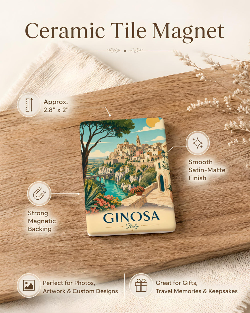 Ginosa Italy Fridge Magnet, Ginosa Travel Souvenir Magnet, Italy Town Landmark Keepsake Magnet, Apulia Italy Gift Magnet