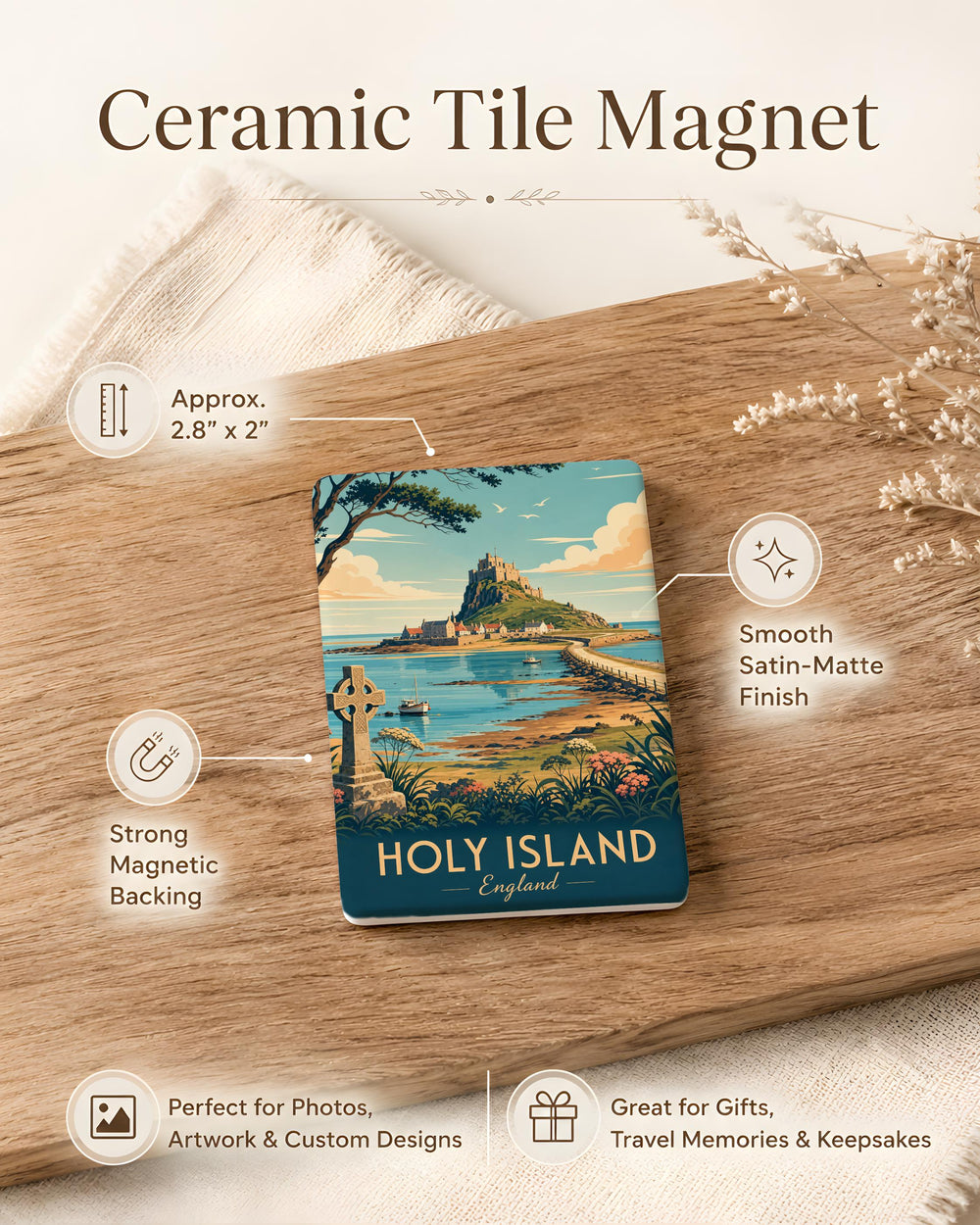 Holy Island Fridge Magnet, Lindisfarne England Souvenir Magnet, Holy Island Landmark Travel Keepsake Refrigerator Magnet