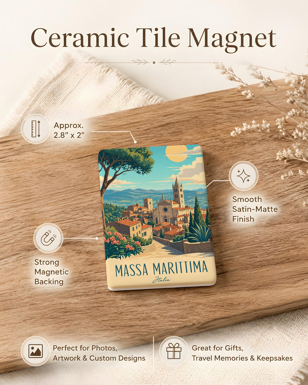 Massa Marittima Town Fridge Magnet, Tuscany Italy Travel Souvenir, Historic Hilltop Village Landmark Keepsake Magnet