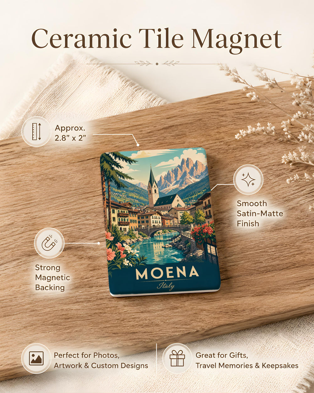 Moena Italy Fridge Magnet, Moena Dolomites Souvenir Magnet, Italian Alps Travel Keepsake, Moena Town Landmark Magnet