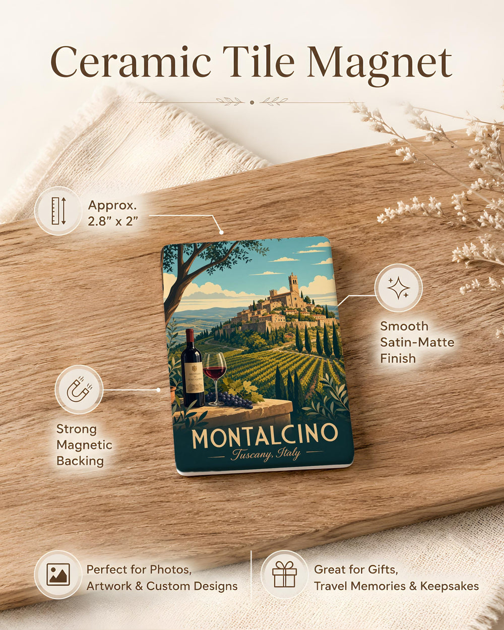 Montalcino Region Fridge Magnet, Tuscany Italy Travel Souvenir, Montalcino Map Magnet, Italian Wine Country Kitchen Magnet