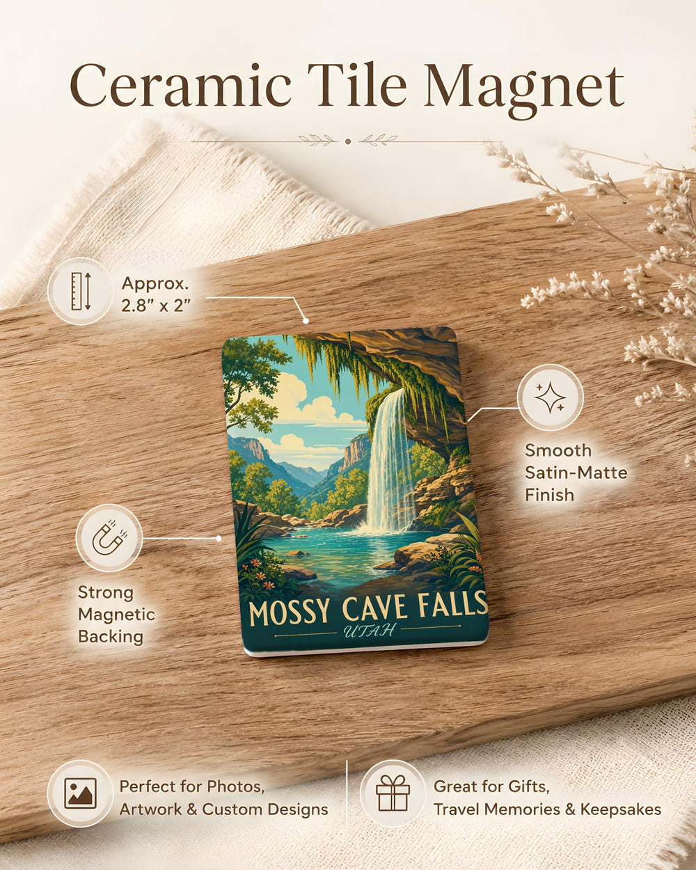 Mossy Cave Falls Fridge Magnet, Waterfall Cave Scene Souvenir Magnet, Nature Travel Keepsake Magnet