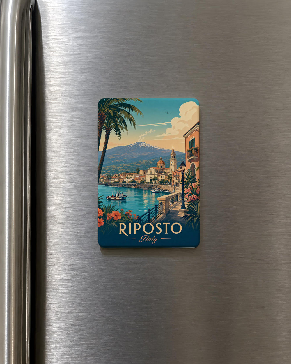 Riposto Italy Fridge Magnet, Sicily Travel Souvenir, Mount Etna Coastal Town Keepsake, Italian Vacation Gift, Kitchen Decor Magnet