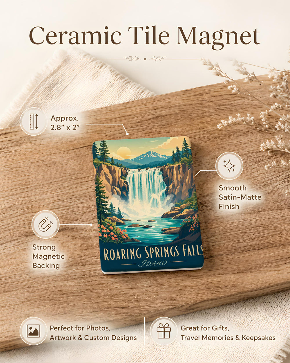 Roaring Springs Falls Fridge Magnet, Waterfall Nature Souvenir, Scenic Outdoor Travel Keepsake Magnet