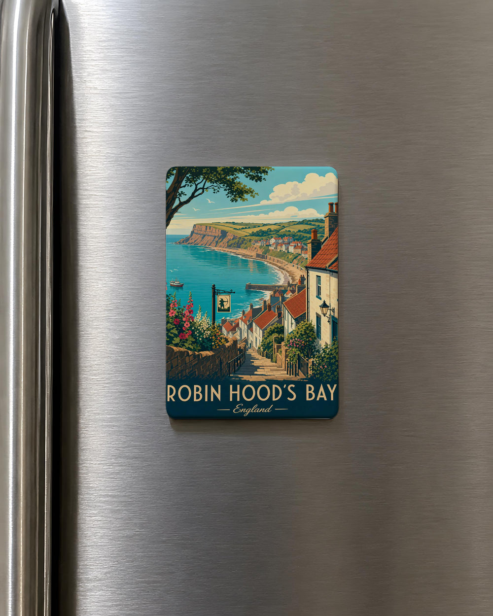 Robin Hood’s Bay Fridge Magnet, Yorkshire Coastal Village Souvenir, Seaside Harbor Town Landmark Keepsake Gift