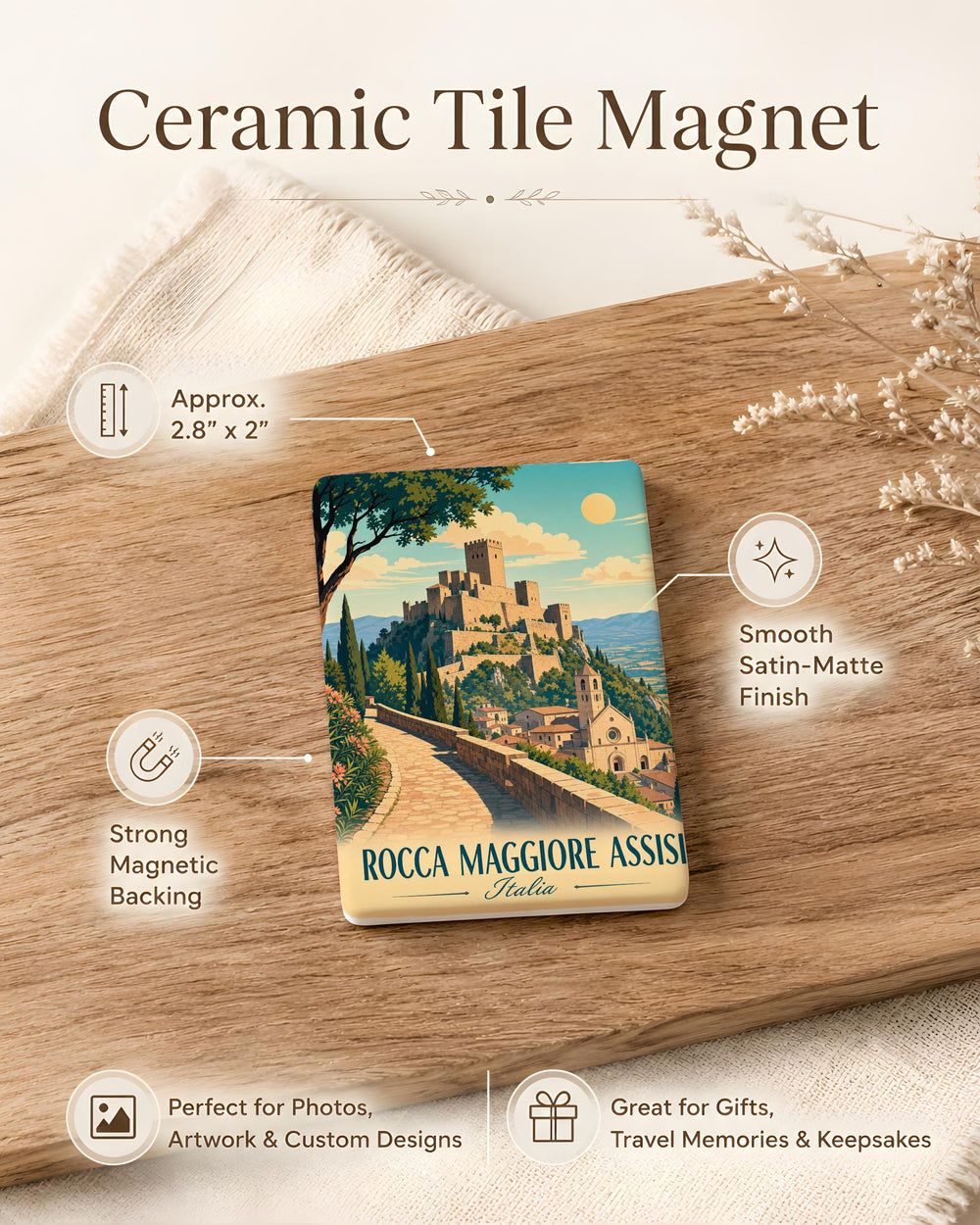 Rocca Maggiore Assisi Italy Fridge Magnet, Medieval Fortress Castle Landmark Souvenir Magnet, Umbria Travel Gift