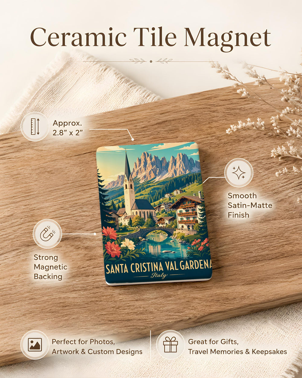 Santa Cristina Val Gardena Fridge Magnet, Italy Dolomites Mountain Village Souvenir Magnet, South Tyrol Travel Keepsake Magnet