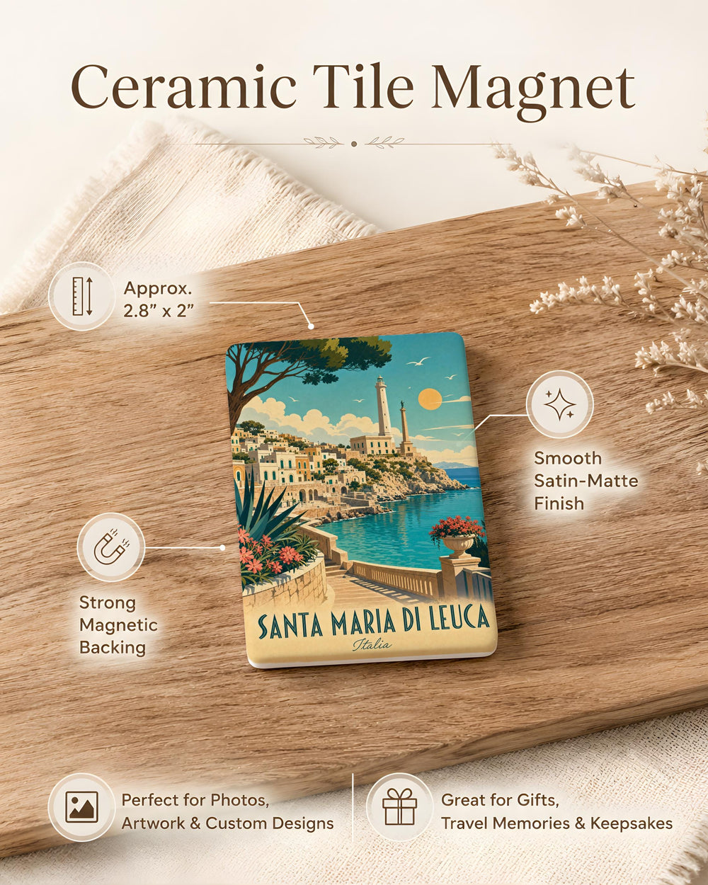 Santa Maria di Leuca Fridge Magnet, Italy Coastal Landmark Souvenir Magnet, Puglia Travel Keepsake Refrigerator Magnet