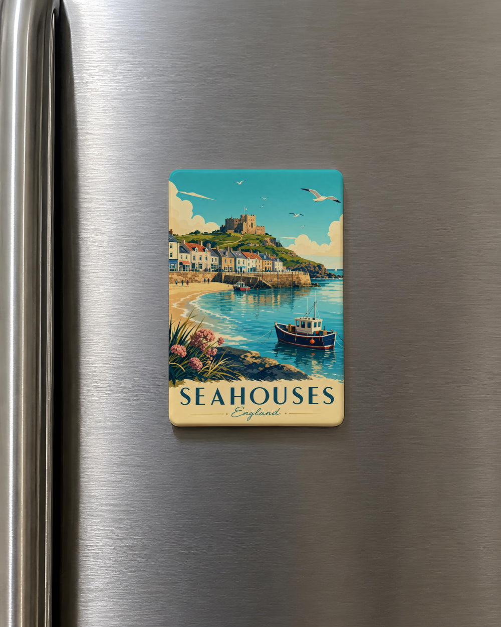 Seahouses England Fridge Magnet, English Coastal Village Souvenir Magnet, Seaside Homes and Shoreline Travel Keepsake Gift