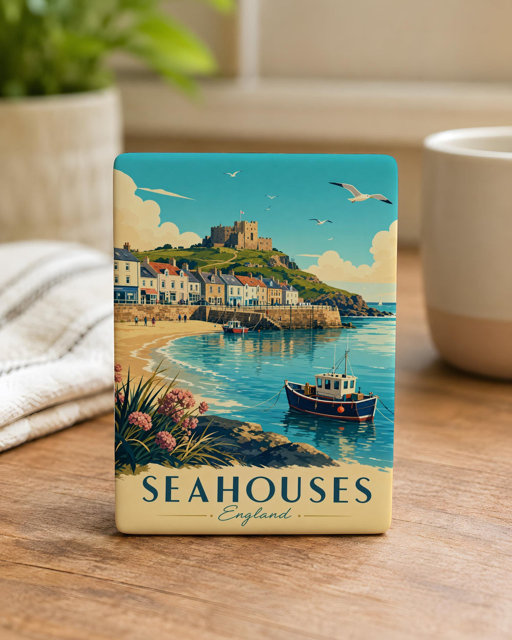 Seahouses England Fridge Magnet, English Coastal Village Souvenir Magnet, Seaside Homes and Shoreline Travel Keepsake Gift