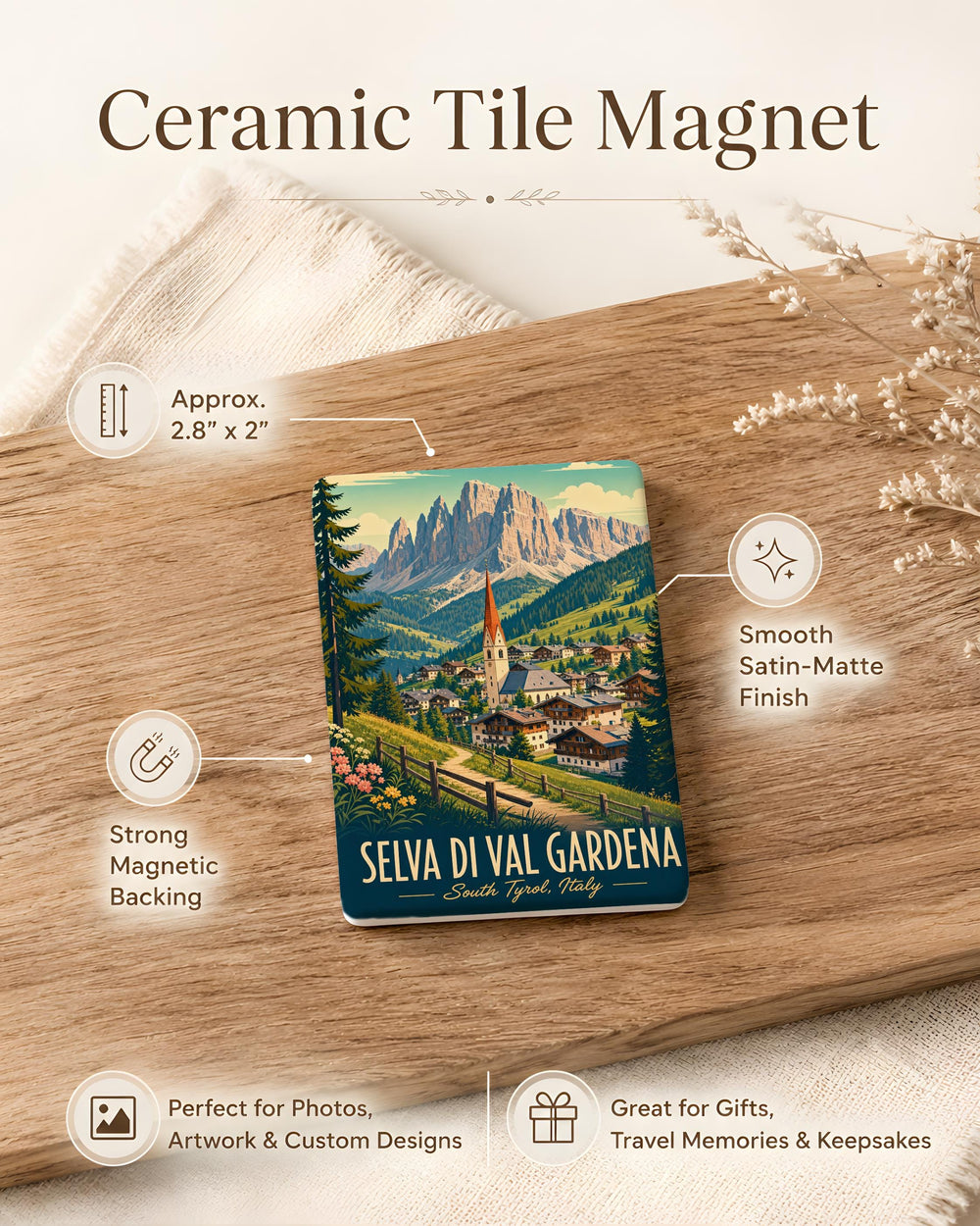 Selva di Val Gardena Fridge Magnet, Italy Dolomites Travel Souvenir Magnet, Alpine Mountain Village Keepsake Magnet