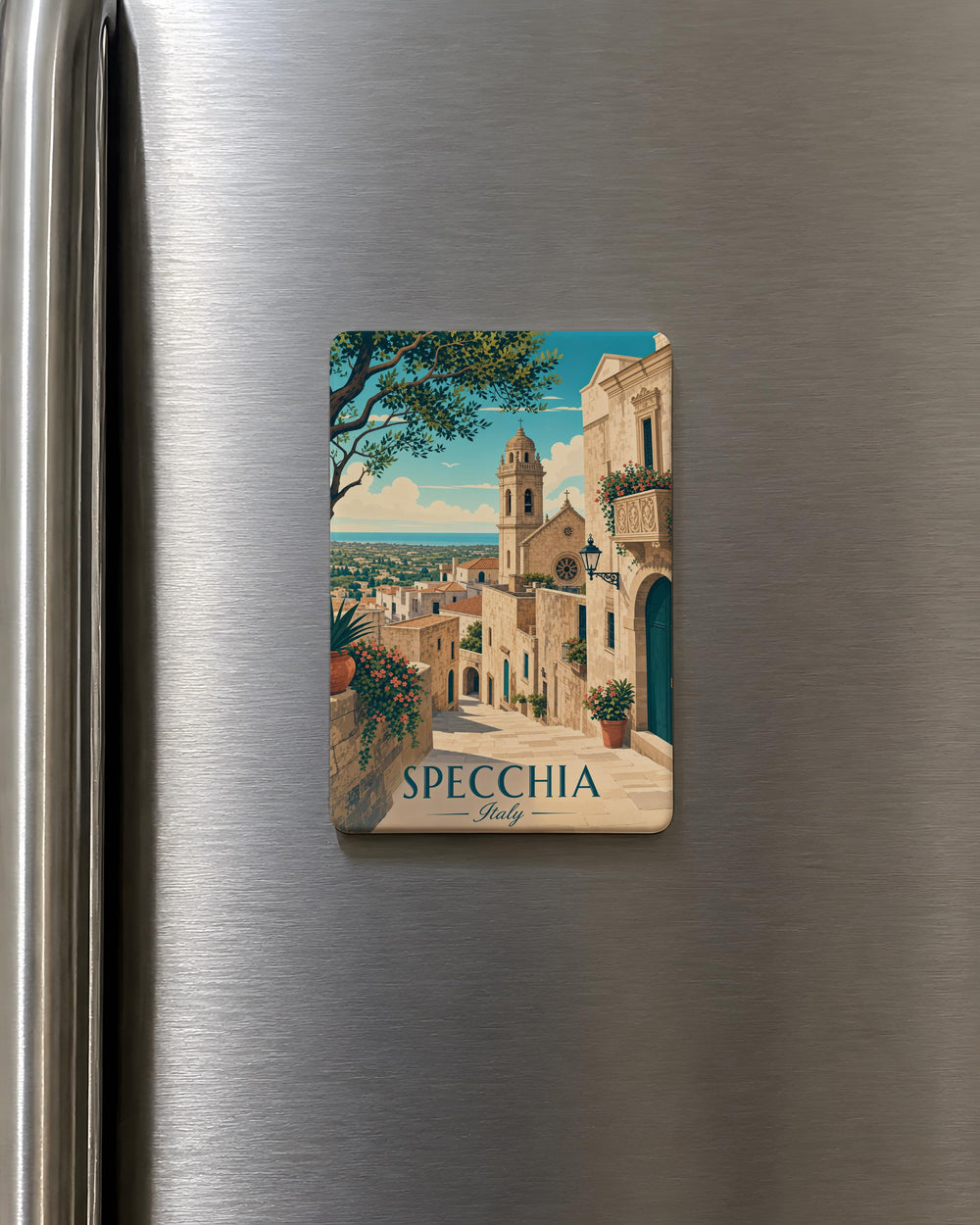 Specchia Italy Fridge Magnet, Specchia Puglia Travel Souvenir Magnet, Italian Village Landmark Keepsake Magnet