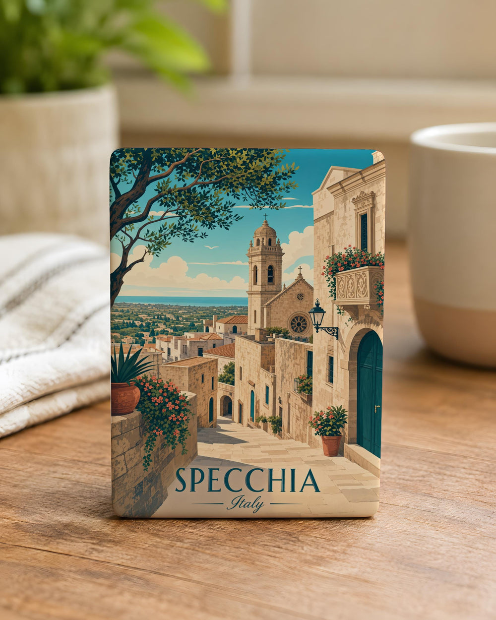 Specchia Italy Fridge Magnet, Specchia Puglia Travel Souvenir Magnet, Italian Village Landmark Keepsake Magnet