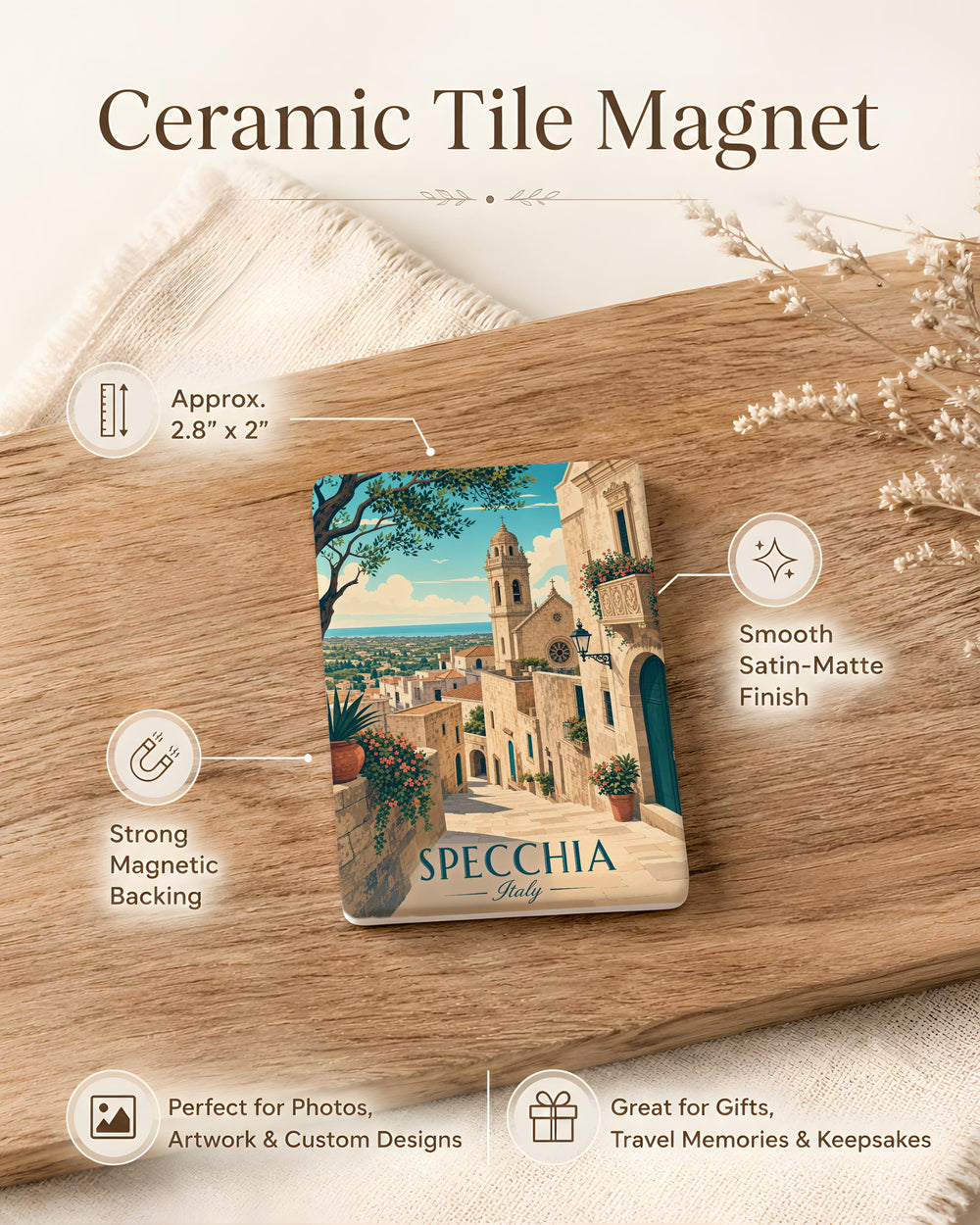Specchia Italy Fridge Magnet, Specchia Puglia Travel Souvenir Magnet, Italian Village Landmark Keepsake Magnet