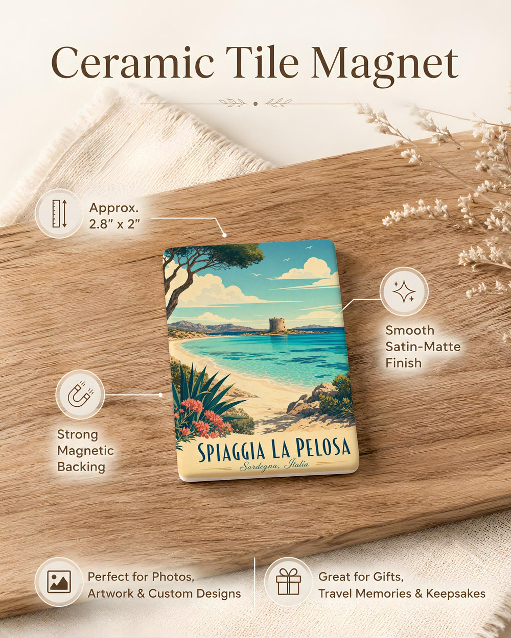 Spiaggia La Pelosa Beach Fridge Magnet, Sardinia Italy Travel Souvenir Magnet, Coastal Seaside Landmark Magnet