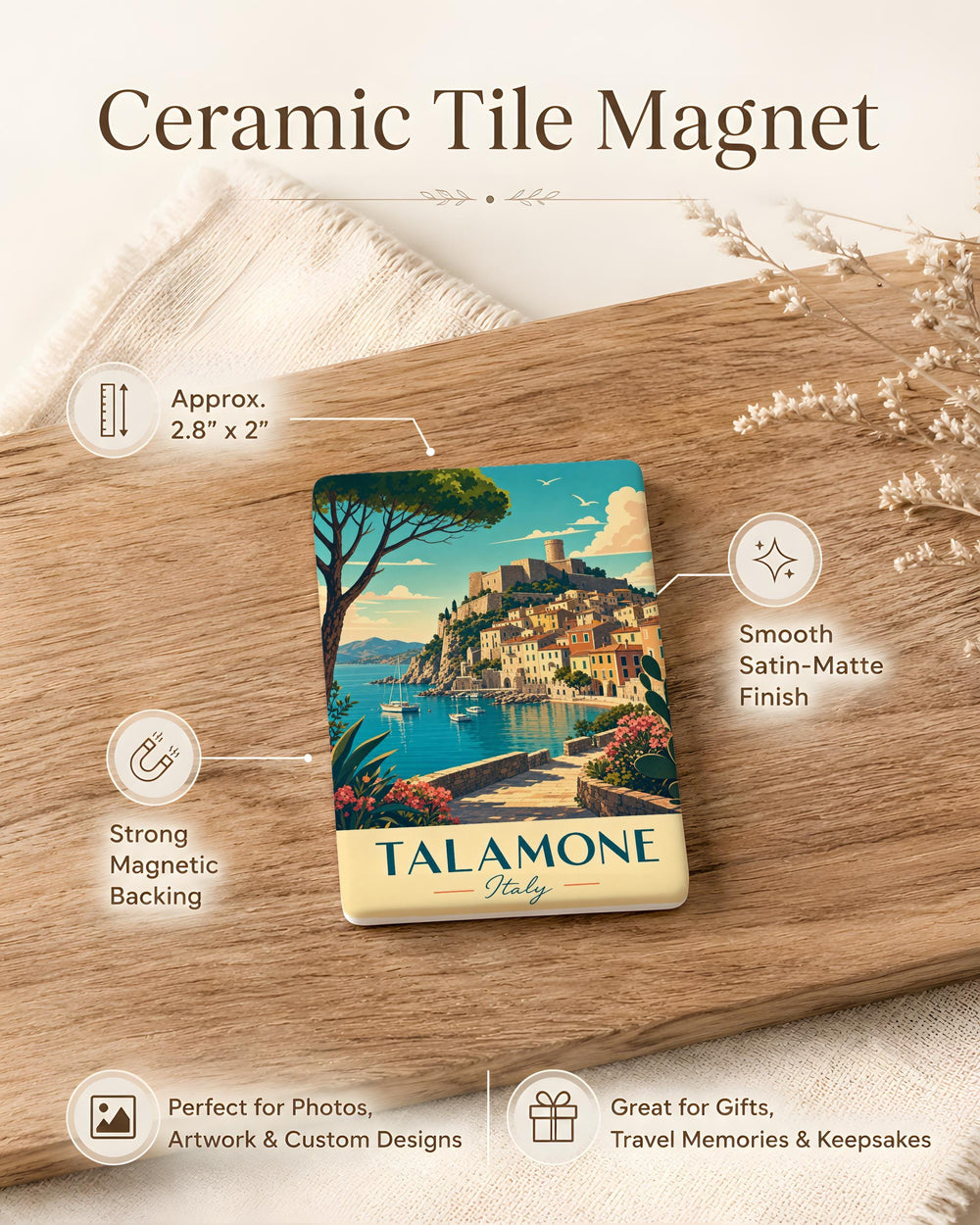 Talamone Italy Fridge Magnet, Talamone Tuscany Travel Souvenir, Coastal Town Landmark Keepsake Magnet