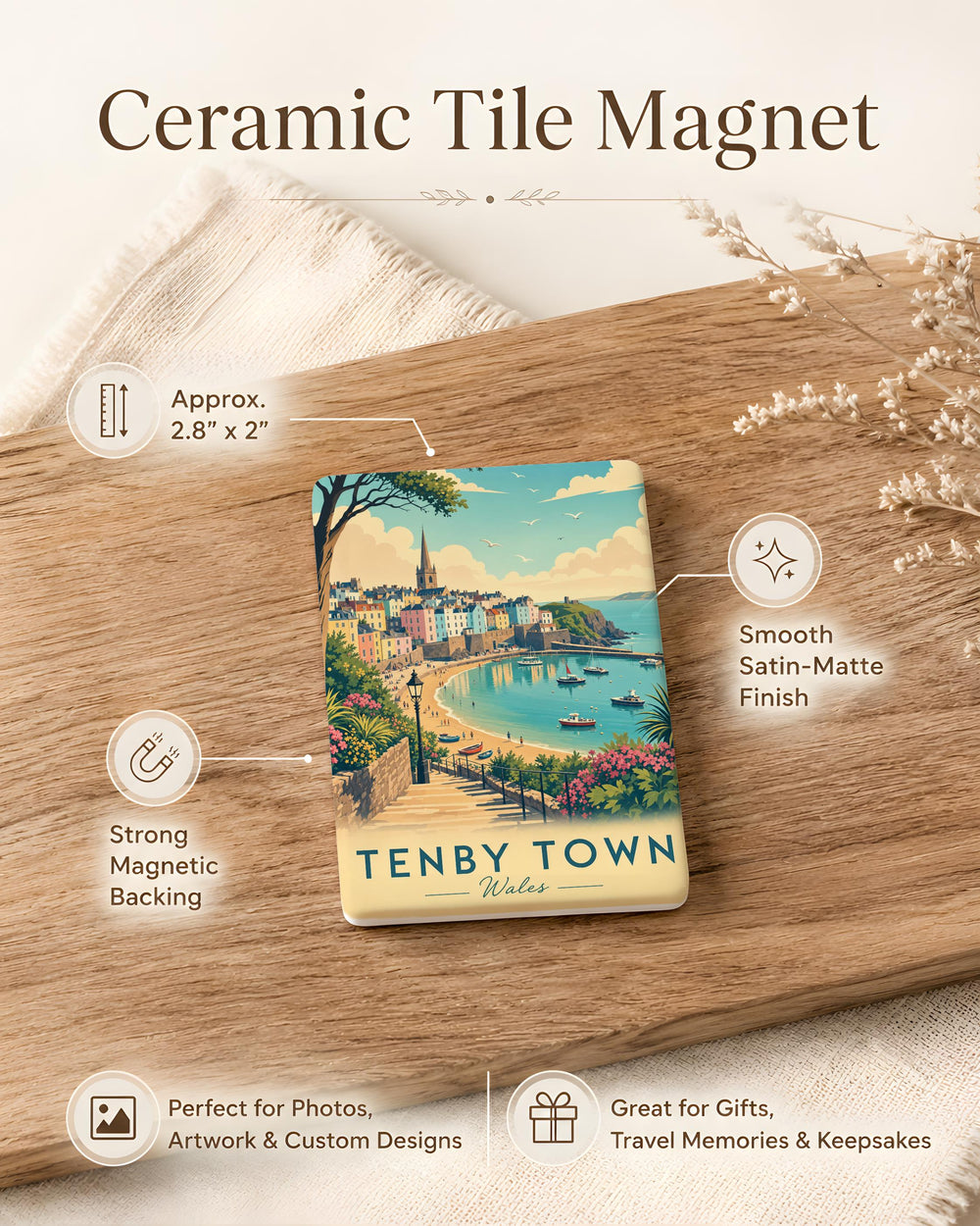 Tenby Town Fridge Magnet, Tenby Wales Coastal Seaside Harbour Souvenir Magnet, Pembrokeshire Travel Gift Magnet
