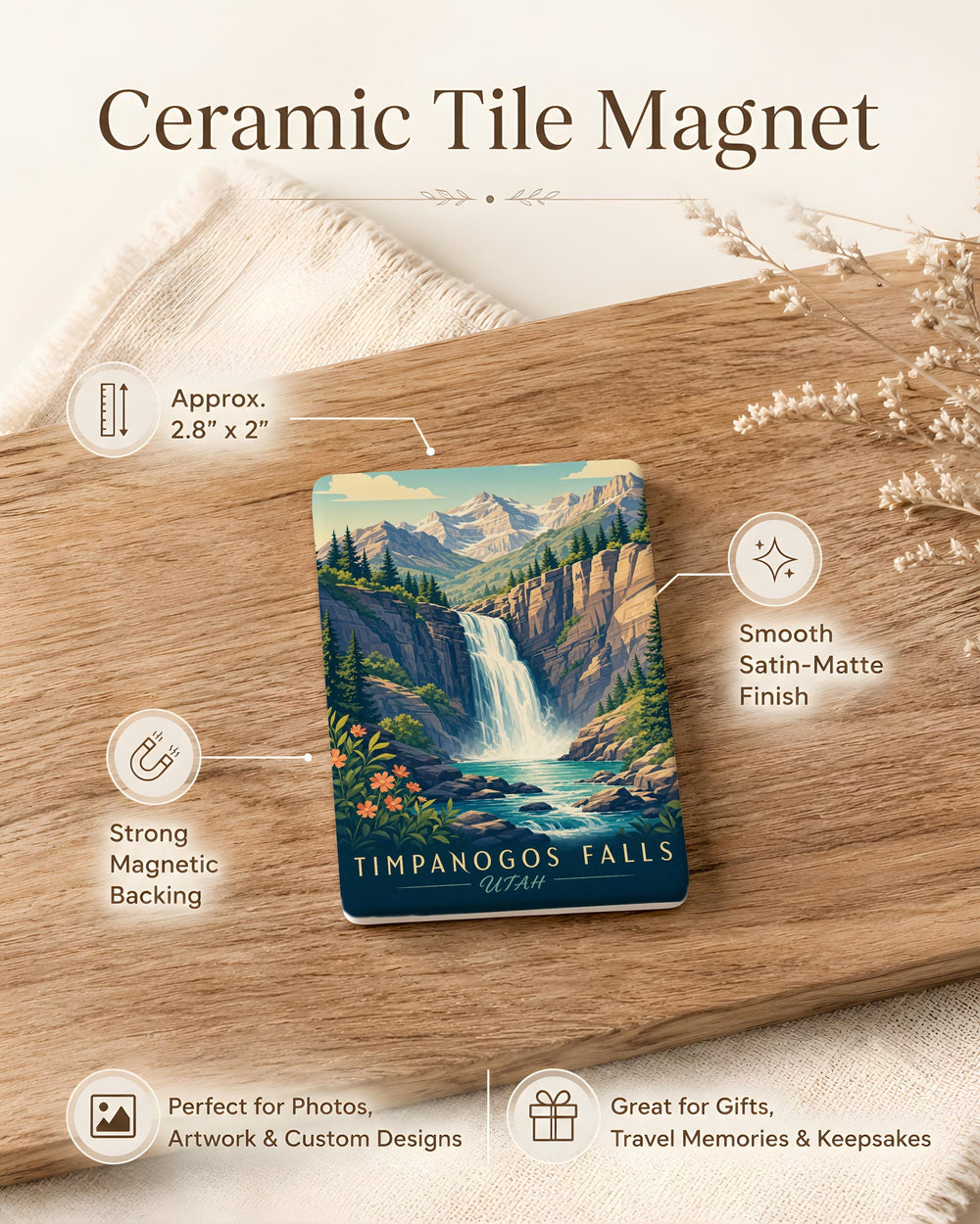 Timpanogos Falls Fridge Magnet, Utah Waterfall Souvenir, Mount Timpanogos Hiking Gift, Nature Travel Keepsake