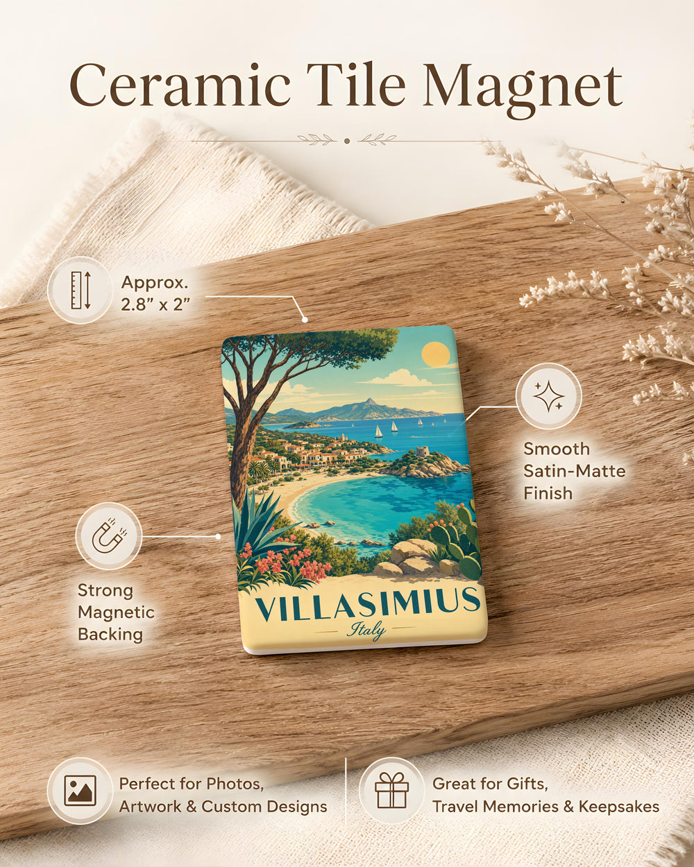 Villasimius Italy Fridge Magnet, Sardinia Travel Souvenir, Coastal Town Landmark Keepsake, Mediterranean Vacation Gift
