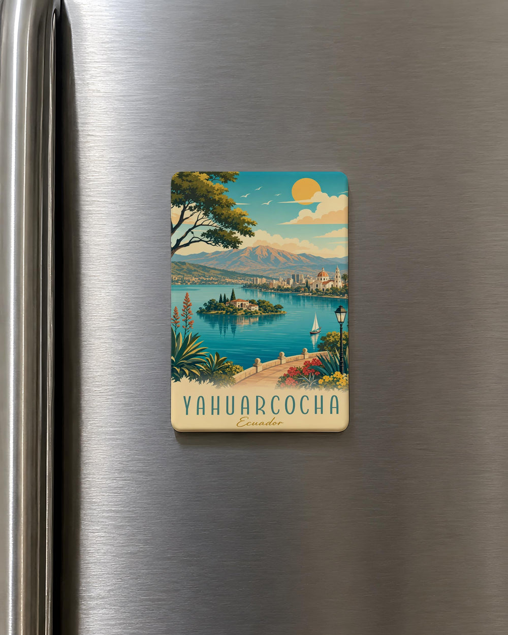 Yahuarcocha Lake Fridge Magnet, Ecuador Lake Souvenir Magnet, Andean Landscape Travel Keepsake Magnet